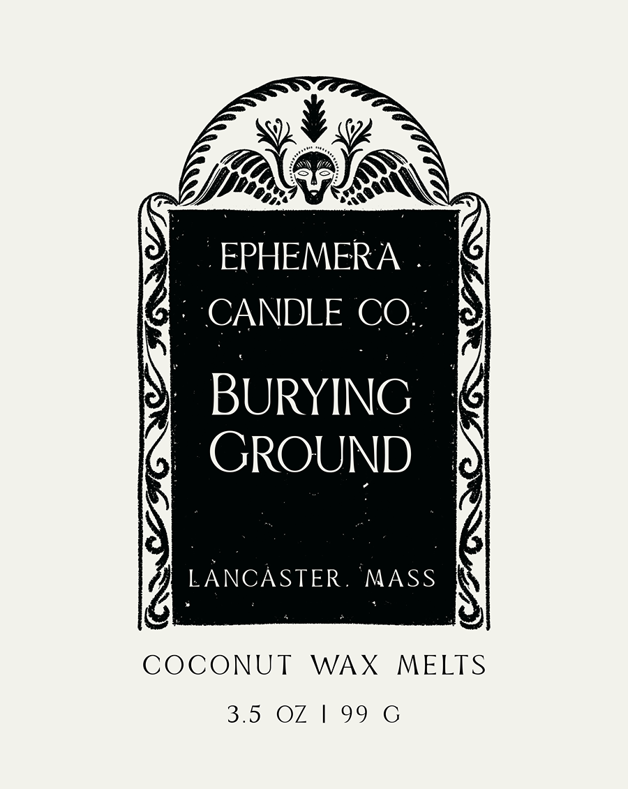 Burying Ground label, old New England grave art