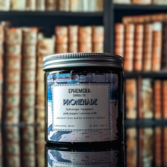 Promenade candle against a bookshelf background. Heliotrope, pink pepper, bergamot, coconut milk & ylang-ylang