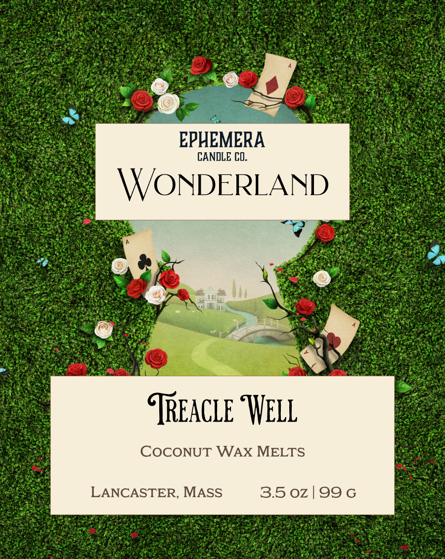 Scene of Wonderland through a keyhole in a hedge surrounded by playing cards and roses. Text reads Wonderland: Treacle Well Coconut Wax Melts