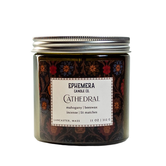 Cathedral wood wick candle - mahogany, beeswax, incense and lit matches